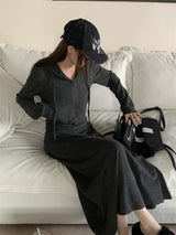 Charcoal hooded zip-up one-piece set