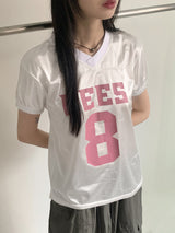 レタリング 半袖 Vネック Tシャツ・カットソー