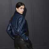 [UNISEX] ROY FAUX LEATHER JUMPER, NAVY (6626804367478)