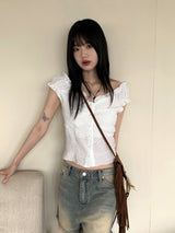 ローバエンボスパールボタン半袖ブラウス / Roba Embossed Pearl Button Short Sleeve Blouse