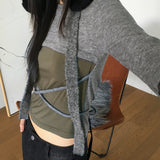 Warp two-tone color combination strap crop long-sleeved T-shirt