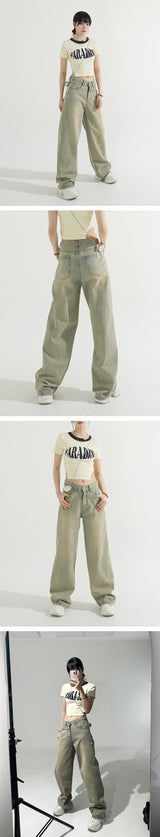 Low-rise Old Washing Wide Denim Pants