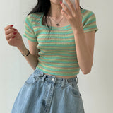 Stripe Short Sleeve Knit Top