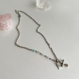 ピットパステルビーズクロスユニークボールドレイヤードネックレス / pit Pastel beads cross unique bold layered necklace