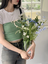 ストライプリボン レイヤード スパンチューブトップ タンクトップ /Opin Stripe Ribbon Layered Spandex Tube Top Tank Top