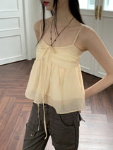 リンティーシフォンリネンフレアホルターリボンストラップノースリーブ / Linty chiffon linen flare holter ribbon strap sleeveless