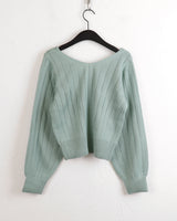 High knee ribbed V-neck semi-crop long-sleeve knit