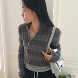 Nier angora fur color combination striped diagonal zipper slim long sleeve knit
