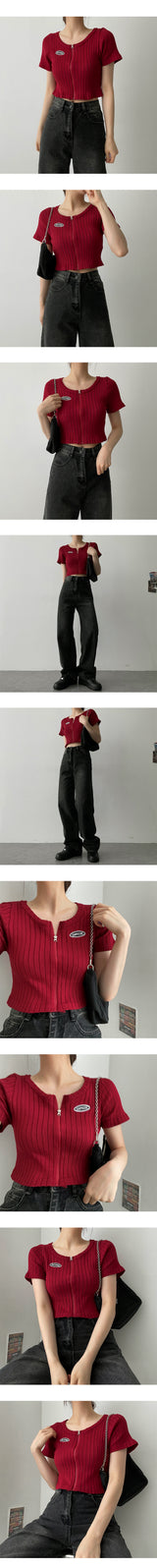 ピーチリブドエンブロイダリーラウンドショートクロップドジップアップ / Peach's Ribbed Embroidery Round Short-Sleeved Cropped Zip-up