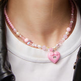 Pink Ribbon Heart Mix Beads Necklace