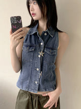 ユロンカラーラインデニムホルターシャツノースリーブ / Yureon Collar Line Denim Halter Shirt Sleeveless