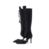 Lace-Up Under The Knee Boots Heel(Black)
