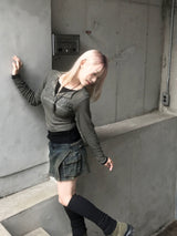 vintage layered unbalanced cargo denim pantskirt