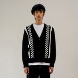 CHECKERBOARD JACQUARD CARDIGAN (BLACK) (6627480469622)