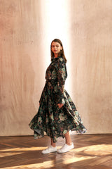 "PRE-ORDER 4/16~" VINTAGE FLOWER UNBALANCE FLARE SKIRT (Black) (6546128175222)