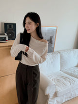 Drape Off Shoulder Long Sleeve T-shirt (5color)