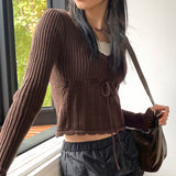 Naki ヴィンテージ Vネック リボンストラップ パンチングリブクロップロングスリーブニット