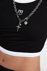 クロスピンクキュービックハートサージカルネックレス / CROSS PINK CUBIC HEART SURGICAL NECKLACE SILVER