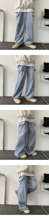Lintbelo A Fleece-Lined Wool Lining String Ribbed Cargo Wide Pants