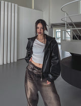 [PREMIUM/MADE] Nut leather label crop hooded jumper