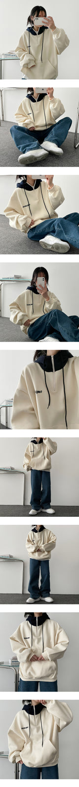 [Fleece] Eden Embroidered Color Coloring Half Zip-Up Hoodie