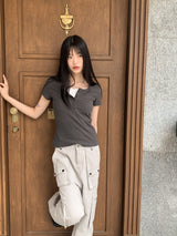 Thorton Half Button Basic Ribbed Short Sleeve T-shirt