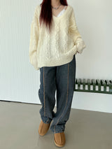 ウールVネックツイストニット/Wool V-neck Twist Knit (3color)
