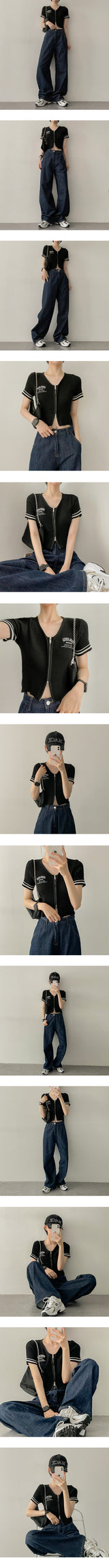 hip two-way color short-sleeved cropped knitwear zip-up