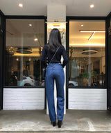 セミワイドフィットストリングポイントダークデニムパンツ/JEON SO MIN SEMI-WIDE FIT STRING POINT DARK DENIM PANTS [17708]