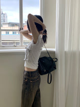 ジュリーフリルリボンラップストラップクロップ半袖Tシャツ