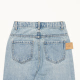 ストレートフィットバックポケットレザーパッチポイントブレットマークデストロイドデニムパンツ / STRAIGHT FIT BACK POCKET LEATHER PATCH POINT BULLET MARK DESTROYED DENIM PANTS [16624]