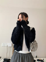 Angora hood knit zip-up