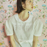 レース リボン パフ ブラウス / [LINE] Lace Ribbon Puff Blouse