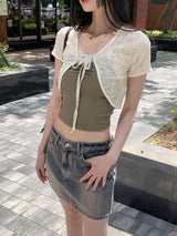バターシースルーバタフライ刺繍ストリングクロップド半袖カーディガン / Butter see-through butterfly embroidery string cropped short-sleeved cardigan