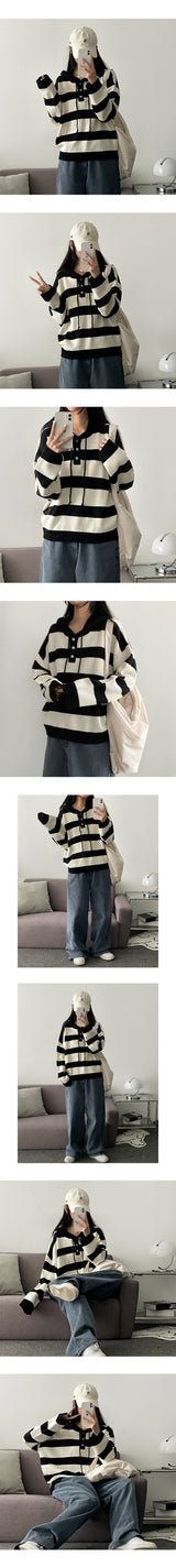 Roneck button stripe hooded knitwear