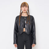 フェイクレザークロップドジャケット/Faux-Leather Cropped Jacket _ Black