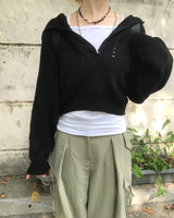 パンチングフードセミジップアップバルーンクロップニットウェア
