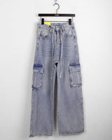 Turbin strap cargo pocket washing denim long wide pants