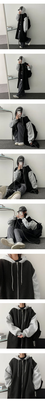 [Fleece] ニバーフリースラインドウールカラーリングロングジップアップフーディドジャンパー