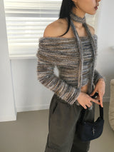 [Muffler set] Mikel Bokashi off-shoulder angora knit