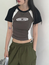 Nicyu Raglan Side Shirring String Lettering Cropped Short-Sleeved T-Shirt