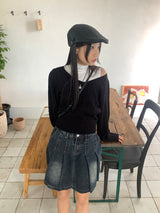 High knee ribbed V-neck semi-crop long-sleeve knit