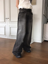【3WAY】ジバースナップボタン黒青ウォッシュワイドデニムパンツ