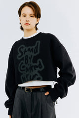 オーバーステンシルタイポクロップスウェットシャツ/OVER STENCIL TYPO CROP SWEATSHIRT-CHARCOAL