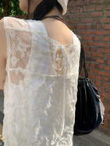 シースルー刺繍レイヤードスリーブレスベストカーディガン/Fshi See-Through Embroidered Layered Sleeveless Vest Cardigan