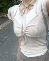 romantic lovely ribbon choker frill ribbed T-shirt