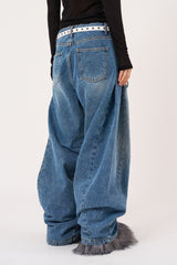 Folding snap over wide denim pants