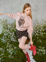 フラワーキャットレタリングスウェットシャツ / Flower Cat Lettering Sweatshirt (Pink)