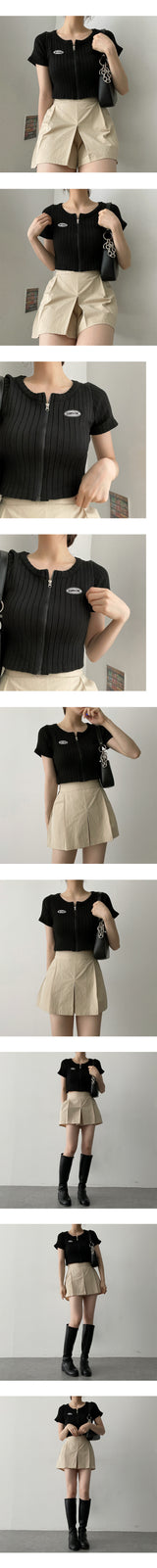 ピーチリブドエンブロイダリーラウンドショートクロップドジップアップ / Peach's Ribbed Embroidery Round Short-Sleeved Cropped Zip-up