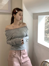 レースオフショルダー長袖Tシャツ